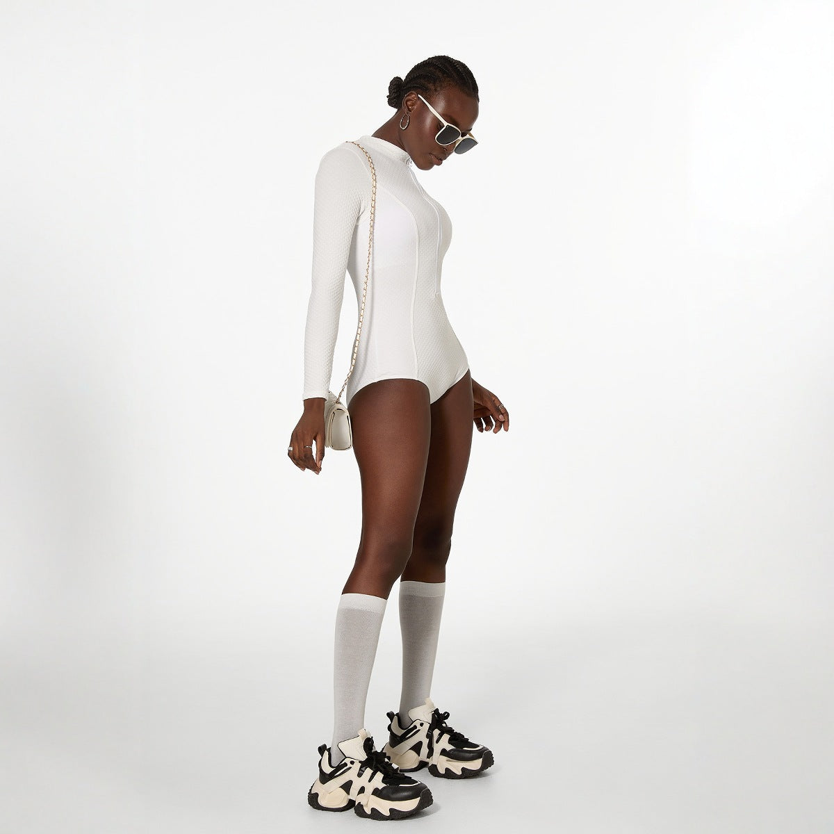 White Long Sleeved Swimsuit One Piece