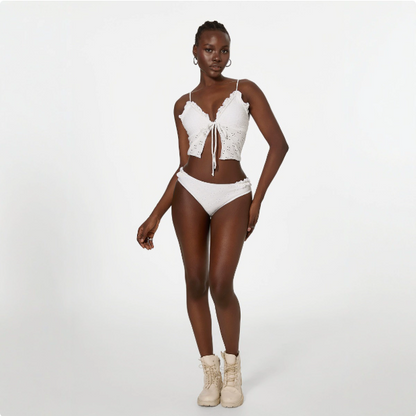 Bikini Swimsuit Tube Top Split Lace up Solid Color Lace Bikini Swimsuit
