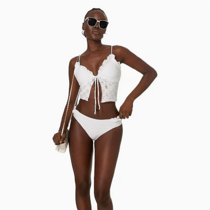 Bikini Swimsuit Tube Top Split Lace up Solid Color Lace Bikini Swimsuit